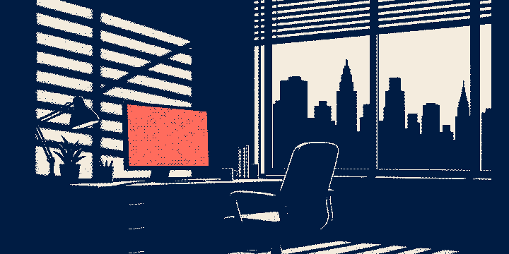 A dark office at night, one monitor glowing over an empty chair, printed as a one-bit dithered plate