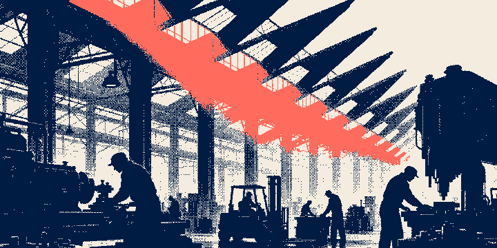 A manufacturing crew works the machines on a production floor under a monumental sawtooth skylight, printed as a one-bit dithered plate