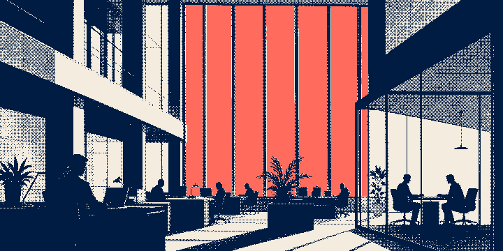 A professional-services office: people at desks and a glass meeting room under tall windows, printed as a one-bit dithered plate