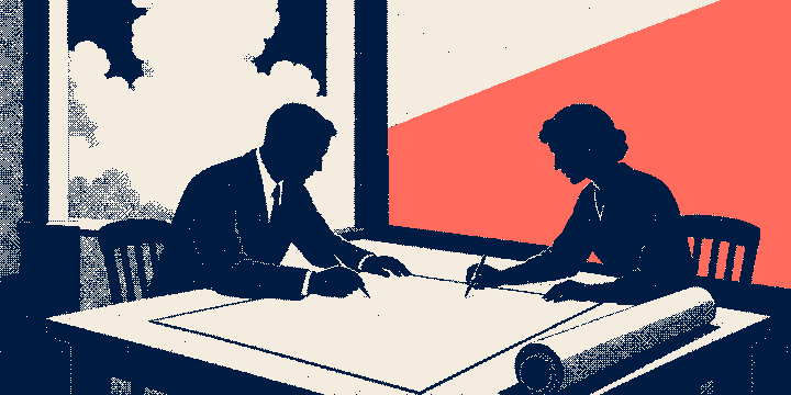 Two figures signing a large document at a plain table, a rolled plan beside, printed as a one-bit dithered plate