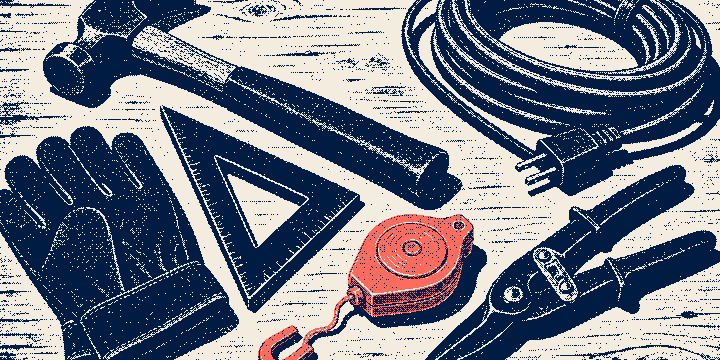 Trade tools on a workbench: hammer, square, gloves, snips, cord, printed as a one-bit dithered plate