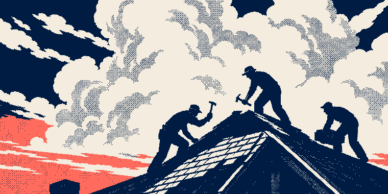 A roofing crew on a ridge line, printed as a one-bit dithered plate